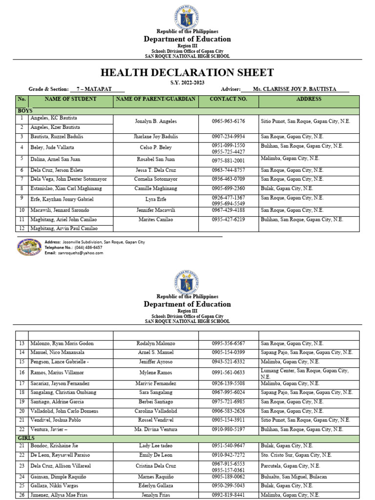 San Roque National High School Health Sheet | PDF