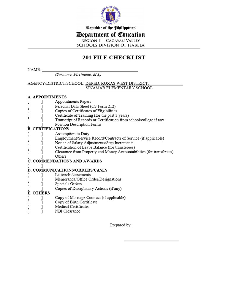 201 file checklist pdf