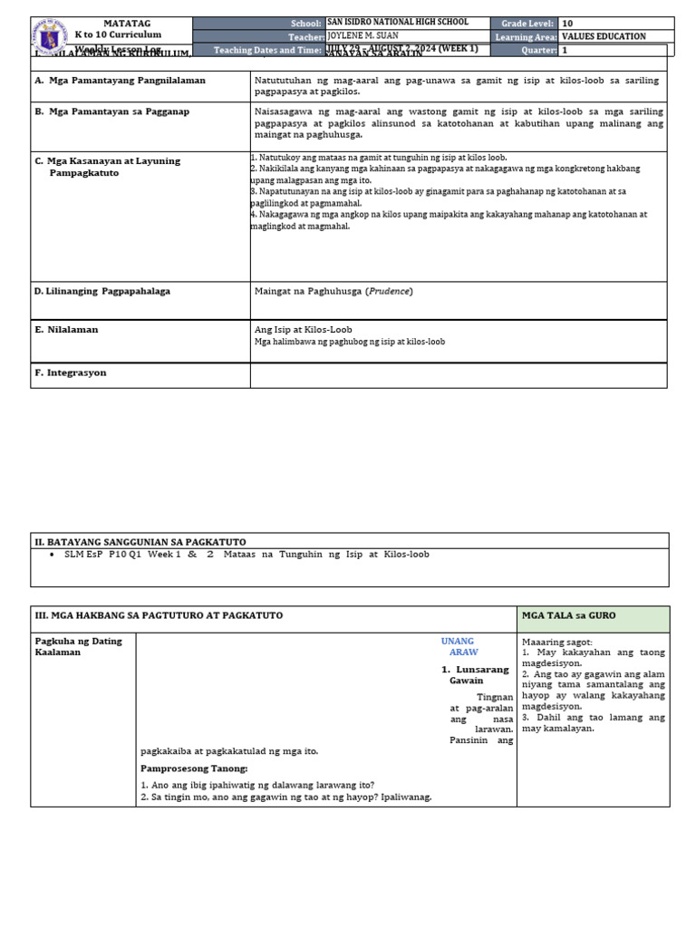 DLL Matatag - Values Education 7 q1 w1 | PDF