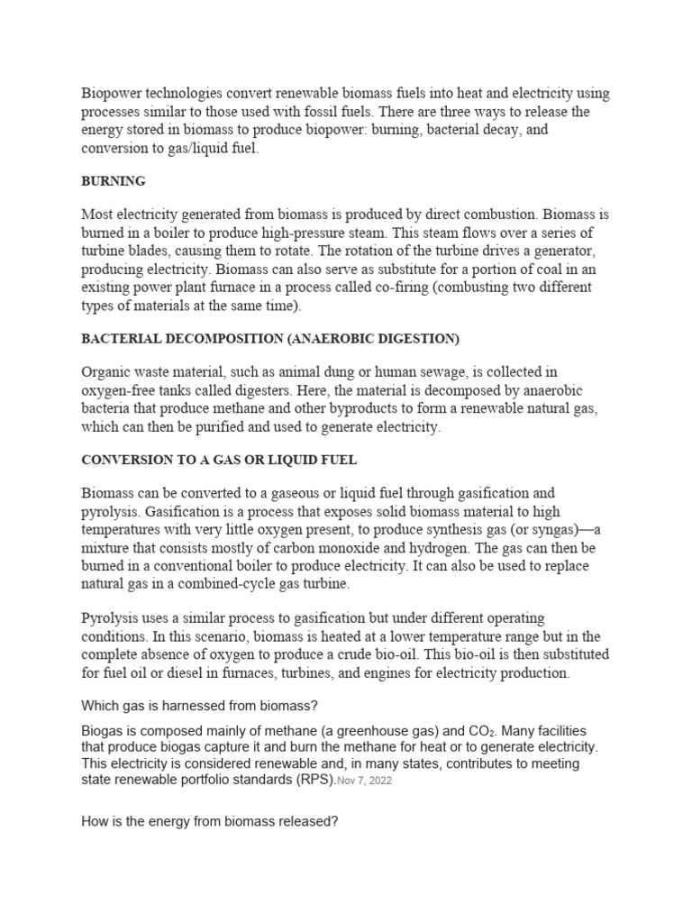 Biomass Energy Collection Methods | PDF | Biofuel | Gasification