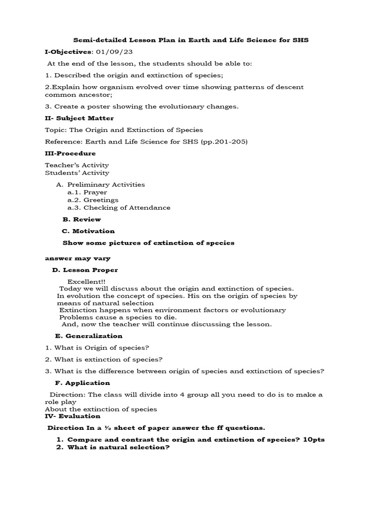 Lesson Plan: Origin and Extinction of Species | PDF | Social Science
