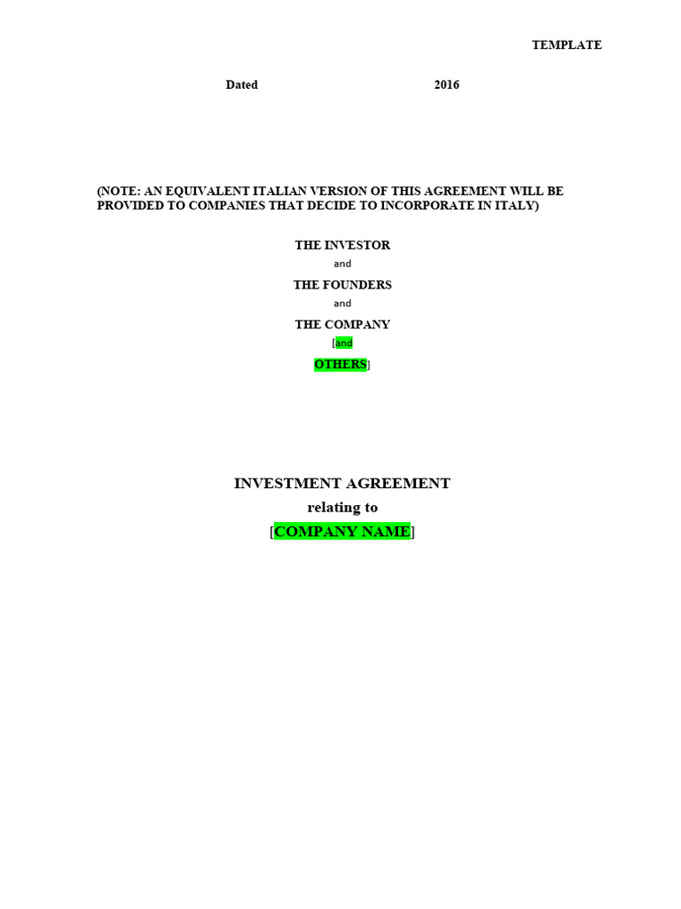 Investment Agreement Template for Startups | PDF | Securities (Finance ...