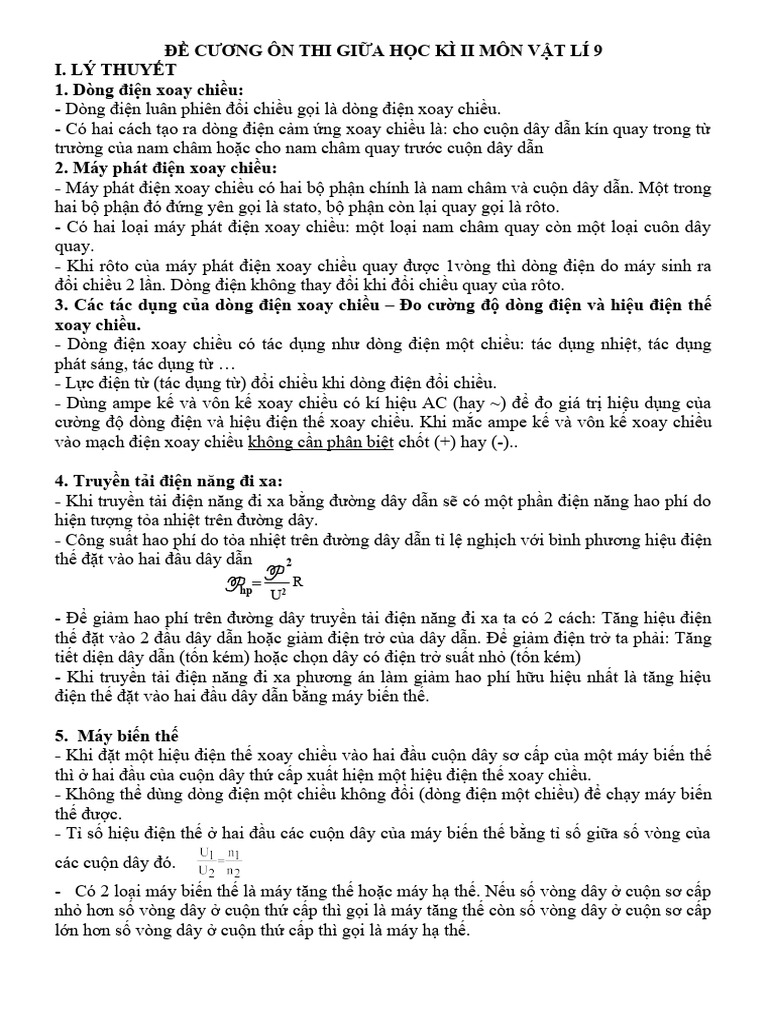 De Cuong On Thi Giua Hoc Ki 2 Mon Vat Li 9 | PDF