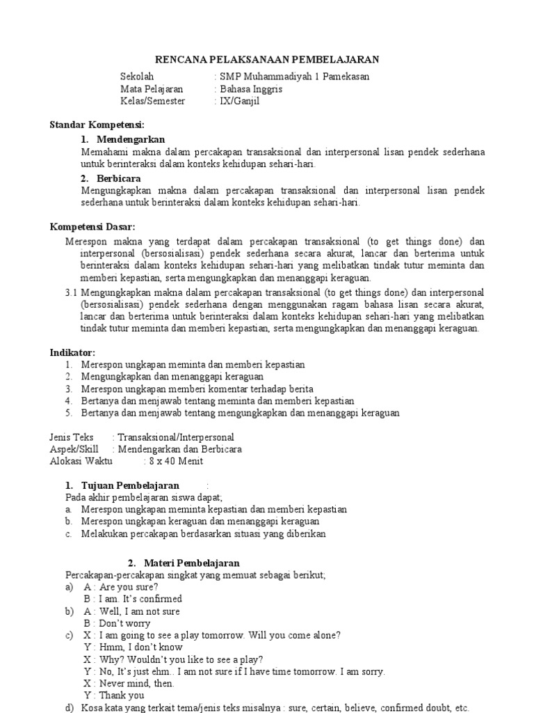 Rpp Kelas Ix Semester 1 As