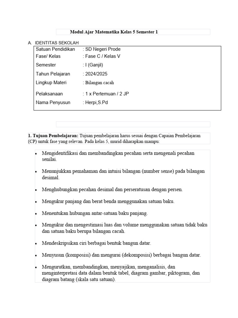 Modul Ajar Matematika Kelas 5 Semester 1 | PDF