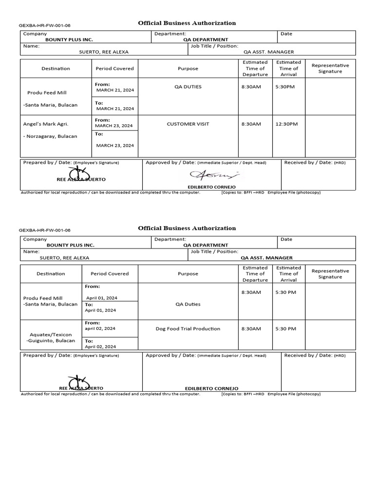 O.B. Form 40524 | PDF