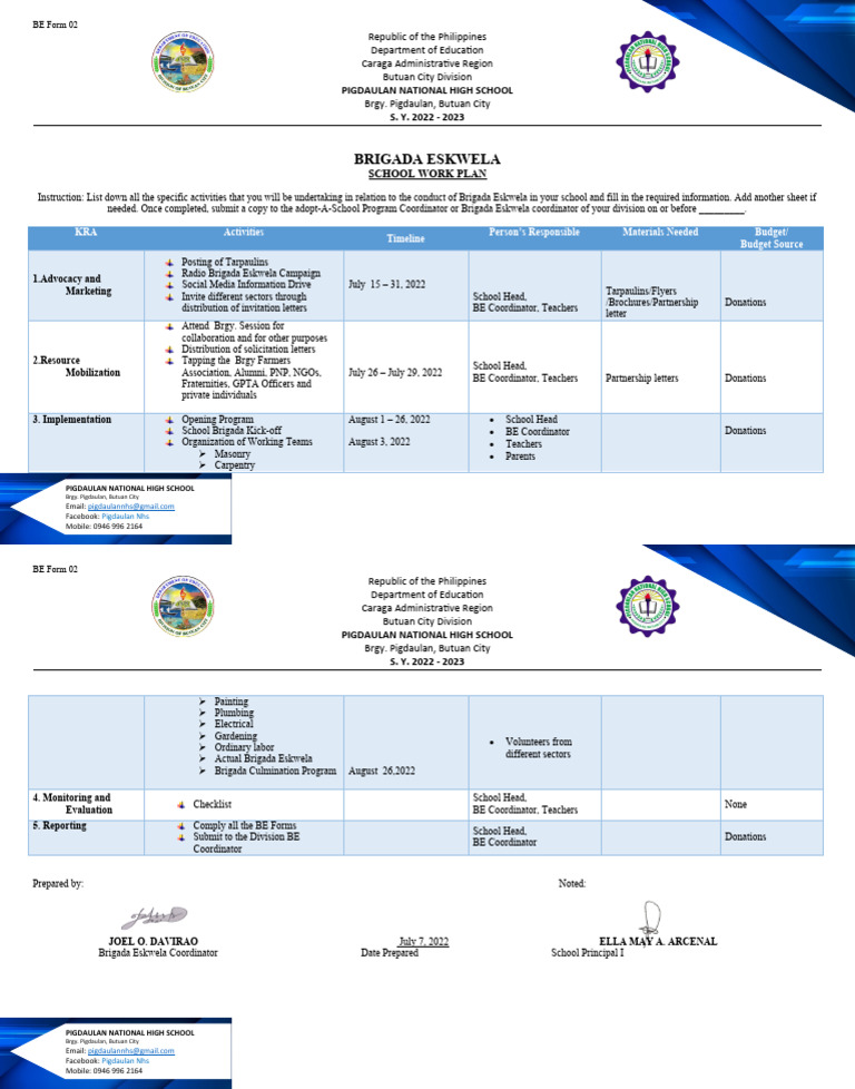 Brigada Eskwela: Pigdaulan National High School S. Y. 2022 - 2023 | PDF ...