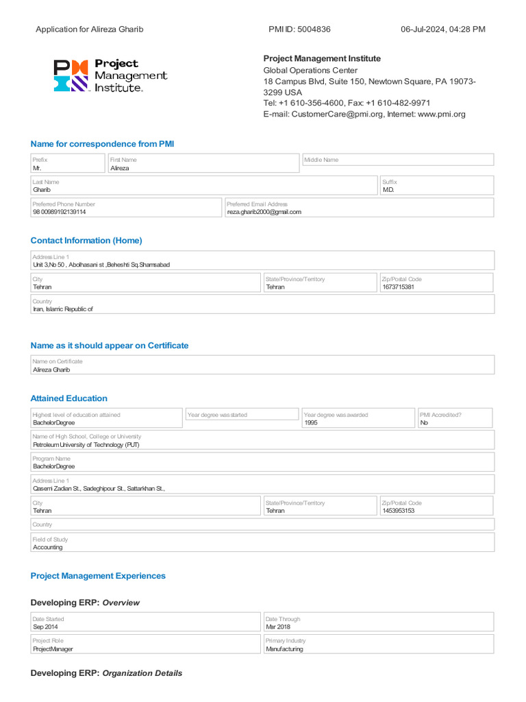 PMI Application for Alireza Gharib | PDF | Project Management