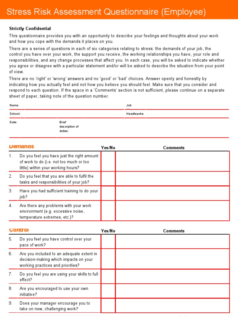 Stress Risk Assessment Questionnaire Employee) - Schools | PDF