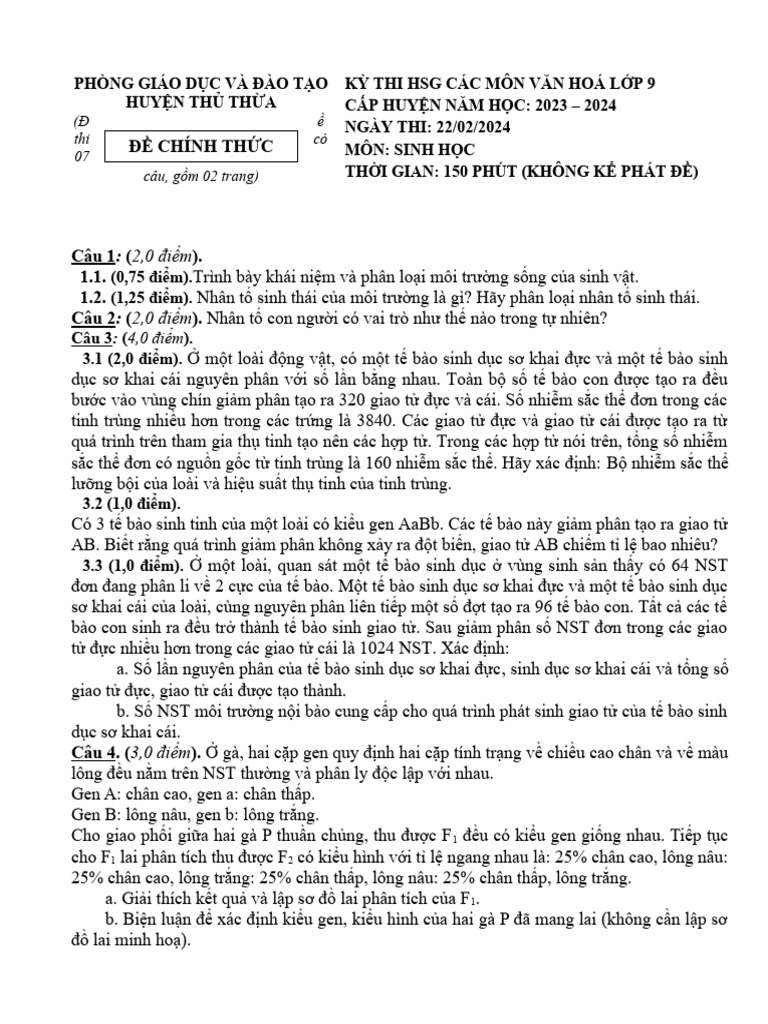 HSG Sinh de HDC 22 2 2024 | PDF
