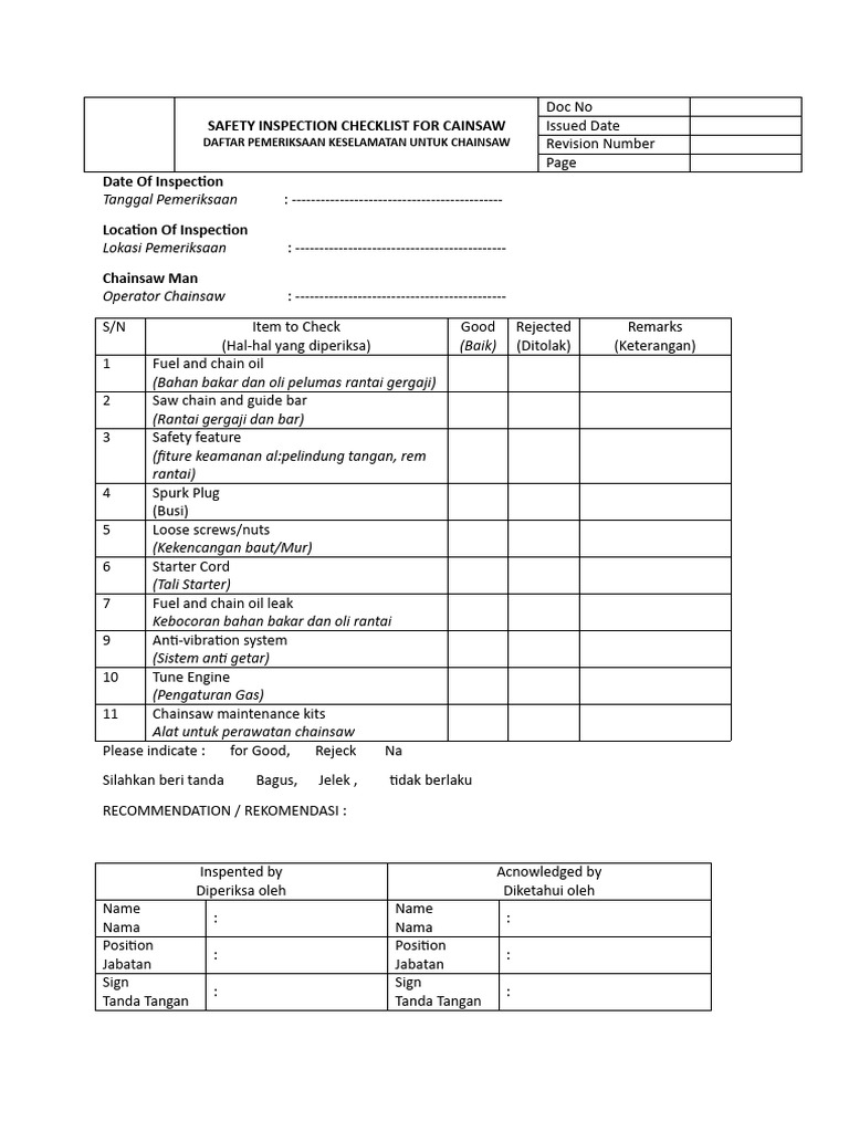 Daftar Periksa Keselamatan Chainsaw | PDF