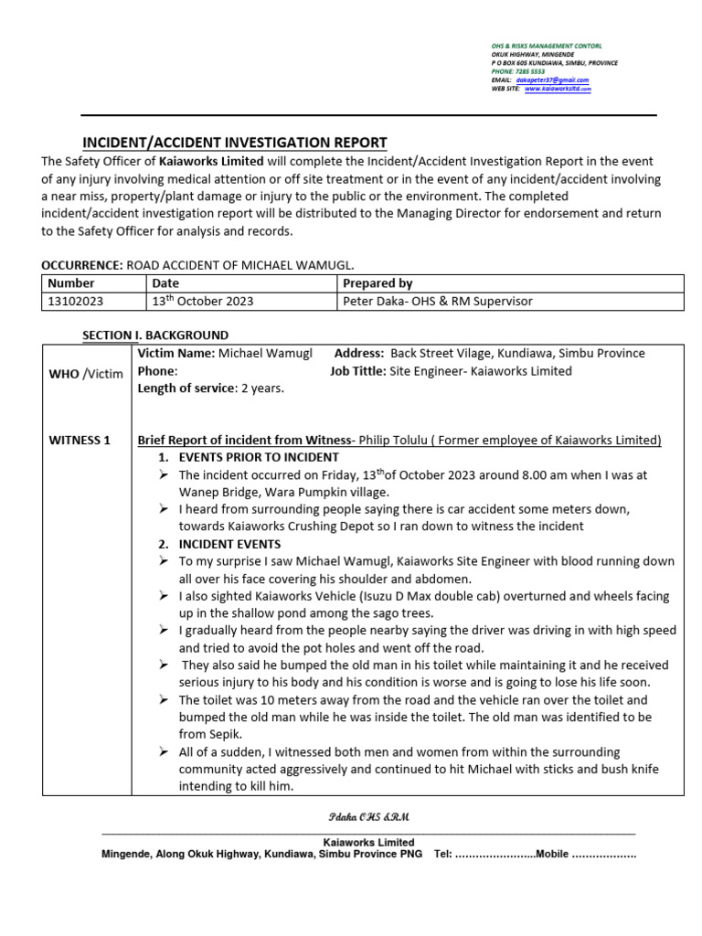 3.8a.incident Report - MICHAEL WAMUGL - ROAD ACCIDENT | PDF | Traffic ...