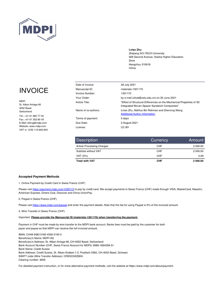 Invoice MDPI Materials-1301170 2000.00CHF | PDF | Payments | Wire Transfer