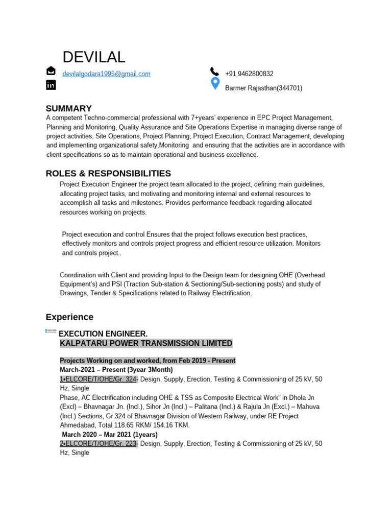 Techno-Commercial Project Engineer Profile | PDF | Electricity ...