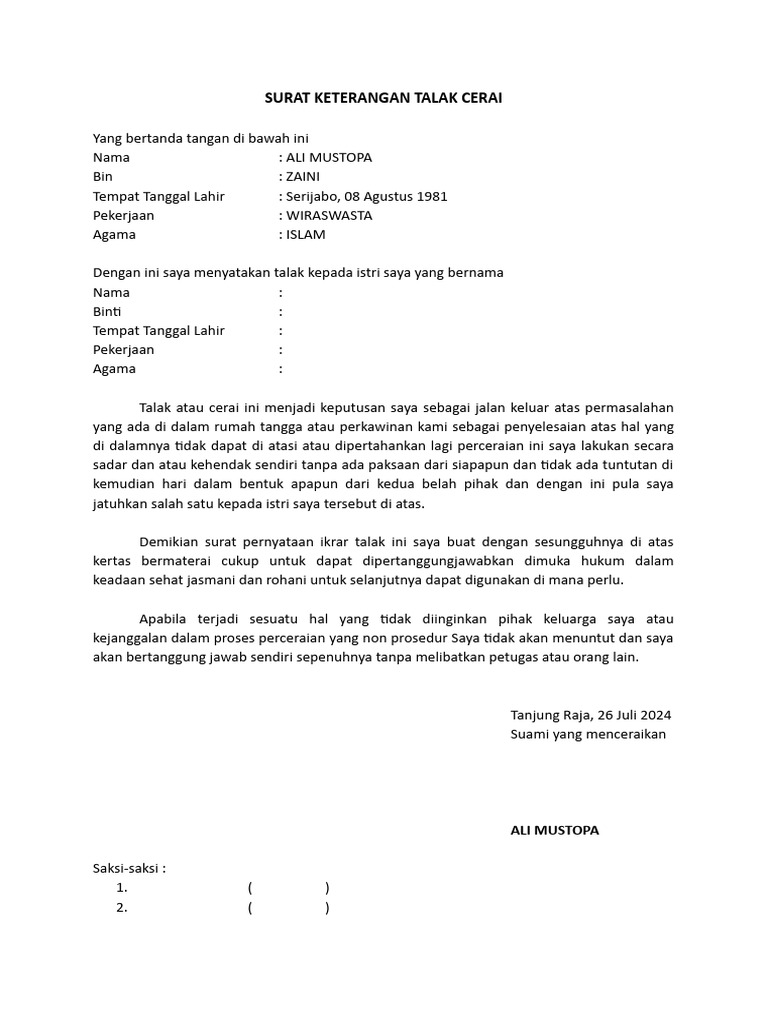 Surat Pernyataan Talak Cerai Ali Mustopa | PDF