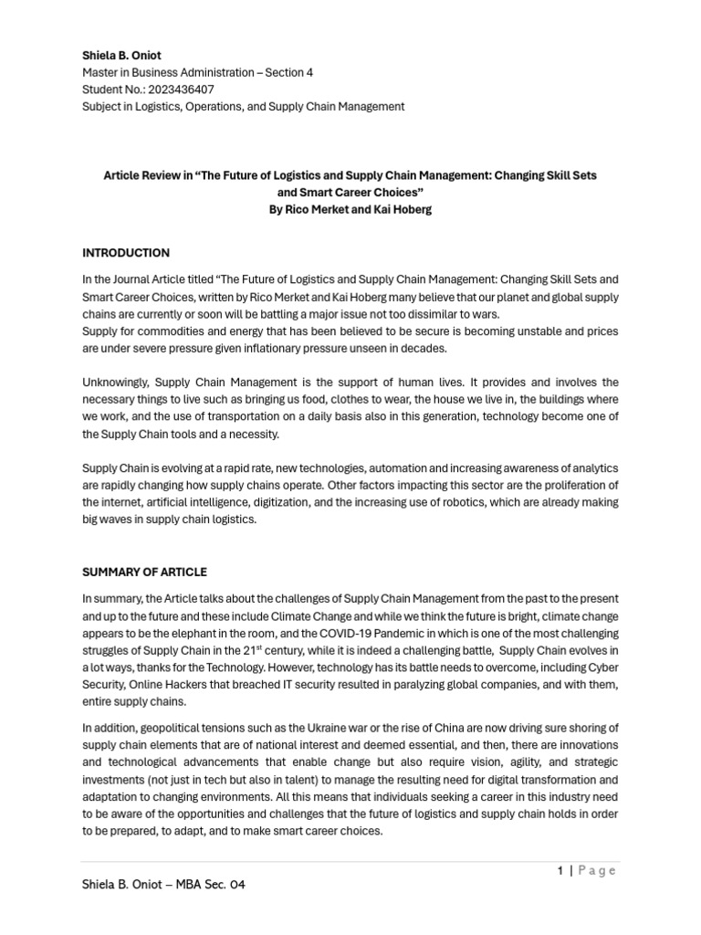 Article Review of The Future of Logistics and Supply Chain Management ...