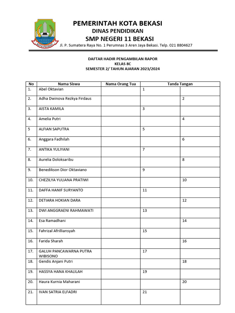 Daftar Hadir Rapor Kelas 8C 2023 | PDF
