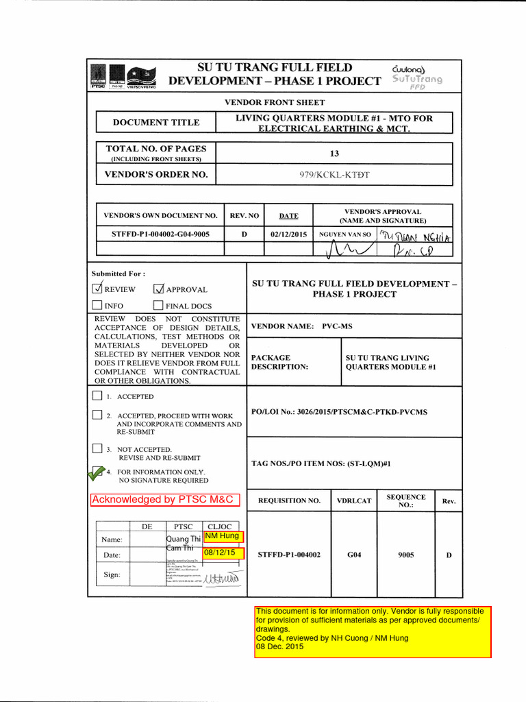 STFFD-P1-004002-G04-9005 Rev D MTO for Electrical Earthing and MCT_CL ...