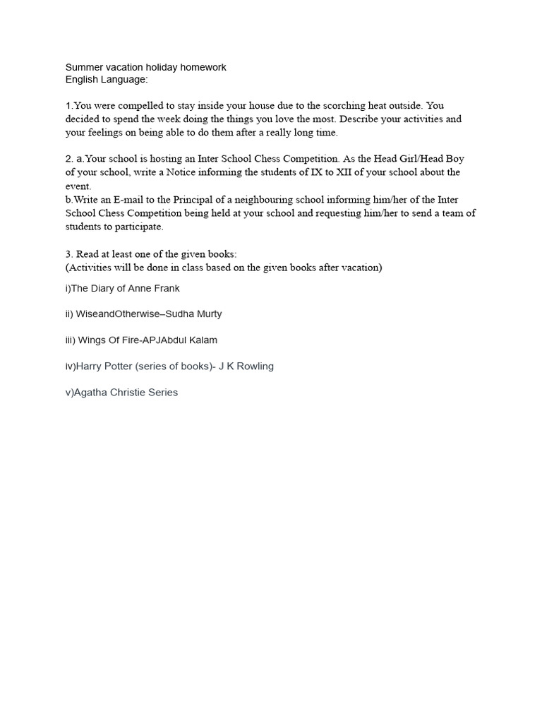 Holiday Homework Pdf