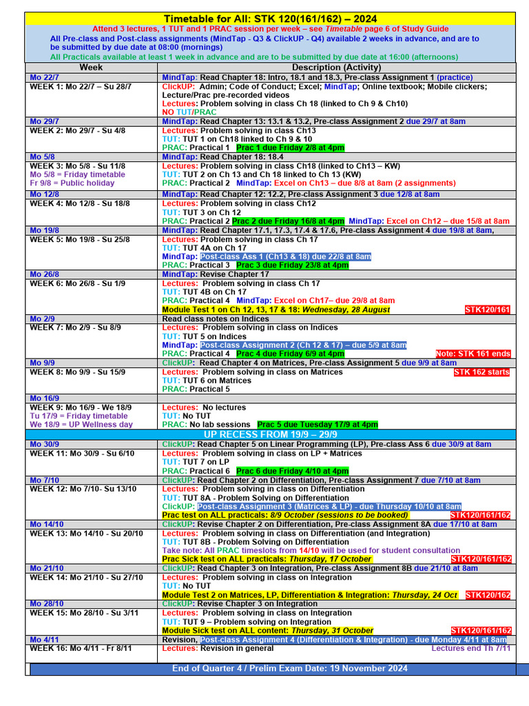 STK120-161-162 Weekly Activity Schedule 2024 | PDF