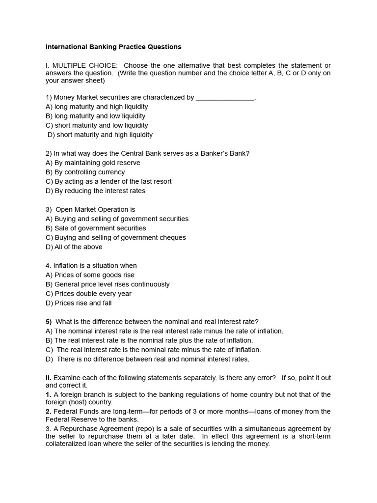 International Banking Practice Questions | PDF | Repurchase Agreement ...