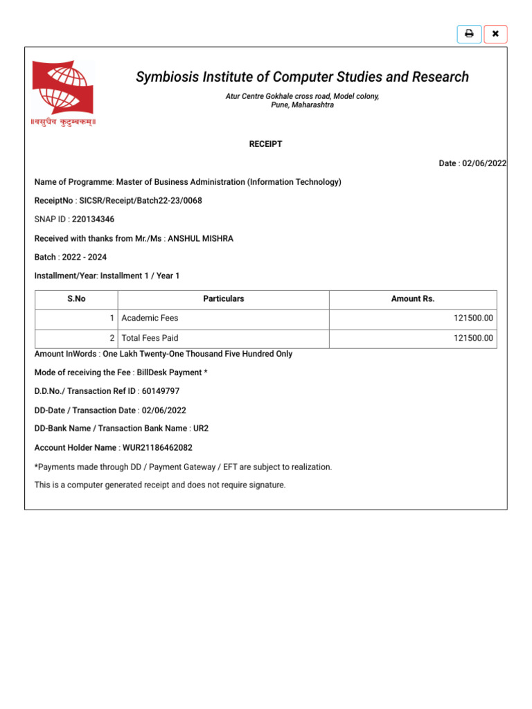 MBA IT Fee Receipt - Symbiosis 2022 | PDF