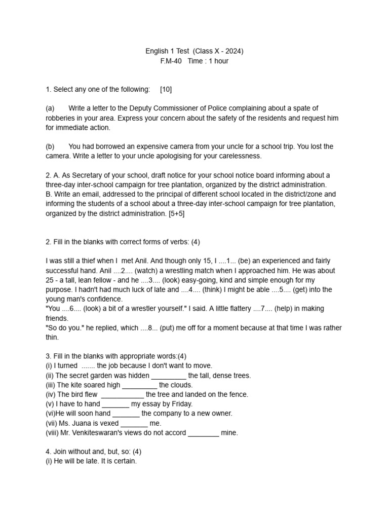 English 1 Test Class X 2024 | PDF