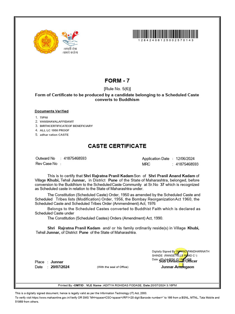 Form 7: Form of Certificate To Be Produced by A Candidate Belonging To ...