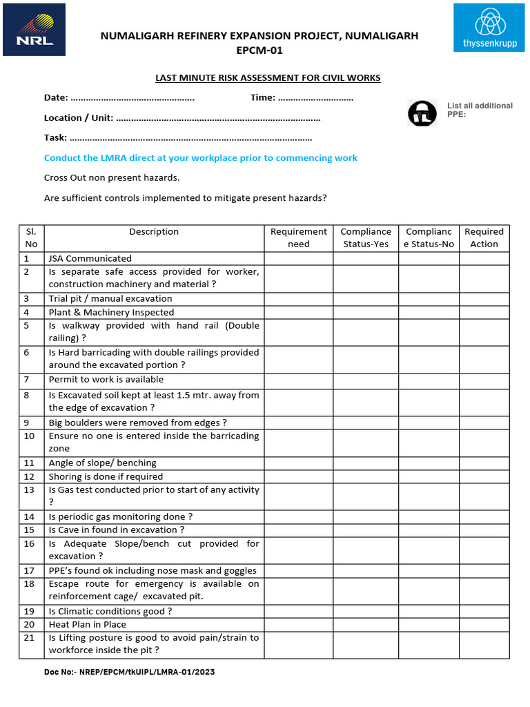 Last Minute Risk Assessment Template | PDF | Safety | Occupational ...