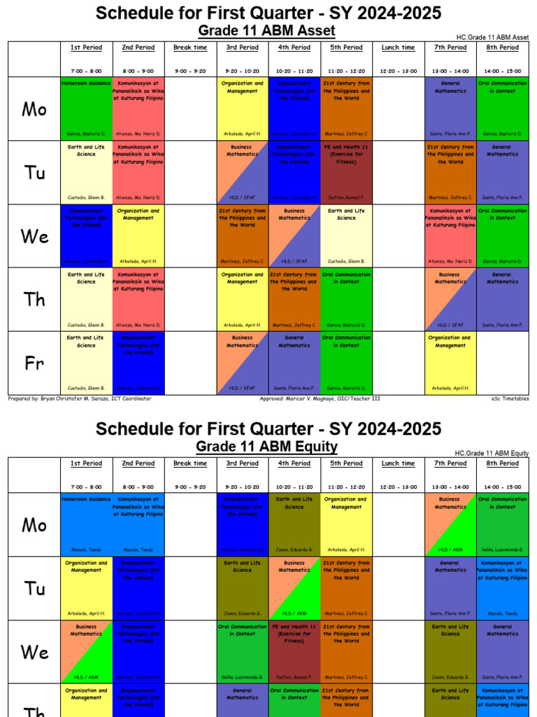 Class Schedule Sy 2024 2025 First Quarter Pdf Communication