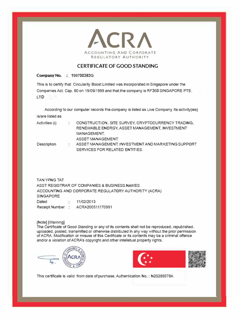 ACRA Certificate of Good Standing | PDF | Finance & Money Management