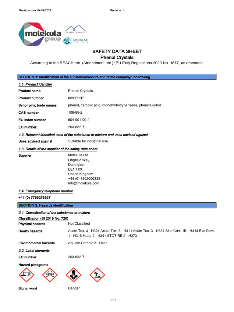 Safety Data Sheet for Phenol Crystals | PDF | Dangerous Goods | Toxicity