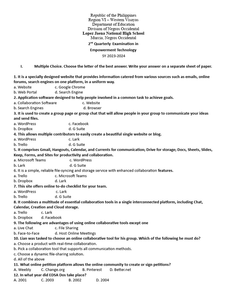 Empowerment Technology Q2 Exam | PDF | Internet | Online Services