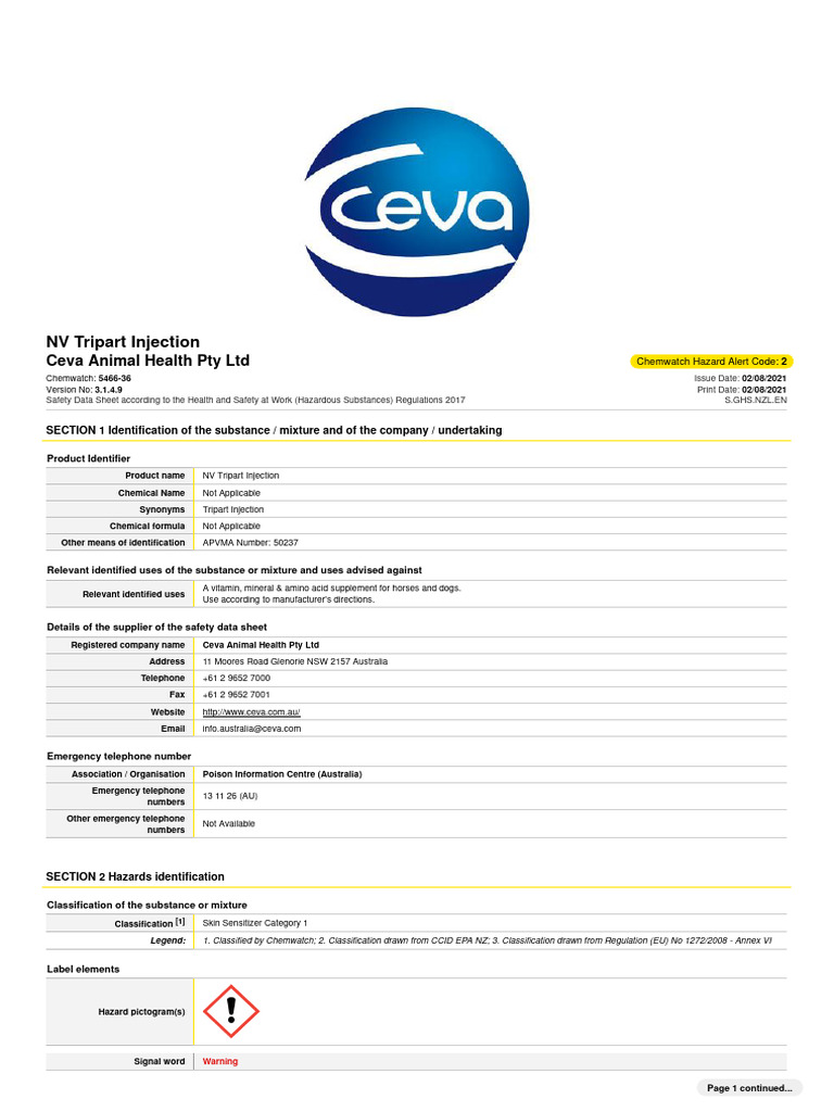 NV Tripart Injection Safety Data Sheet | PDF | Chemistry | Safety