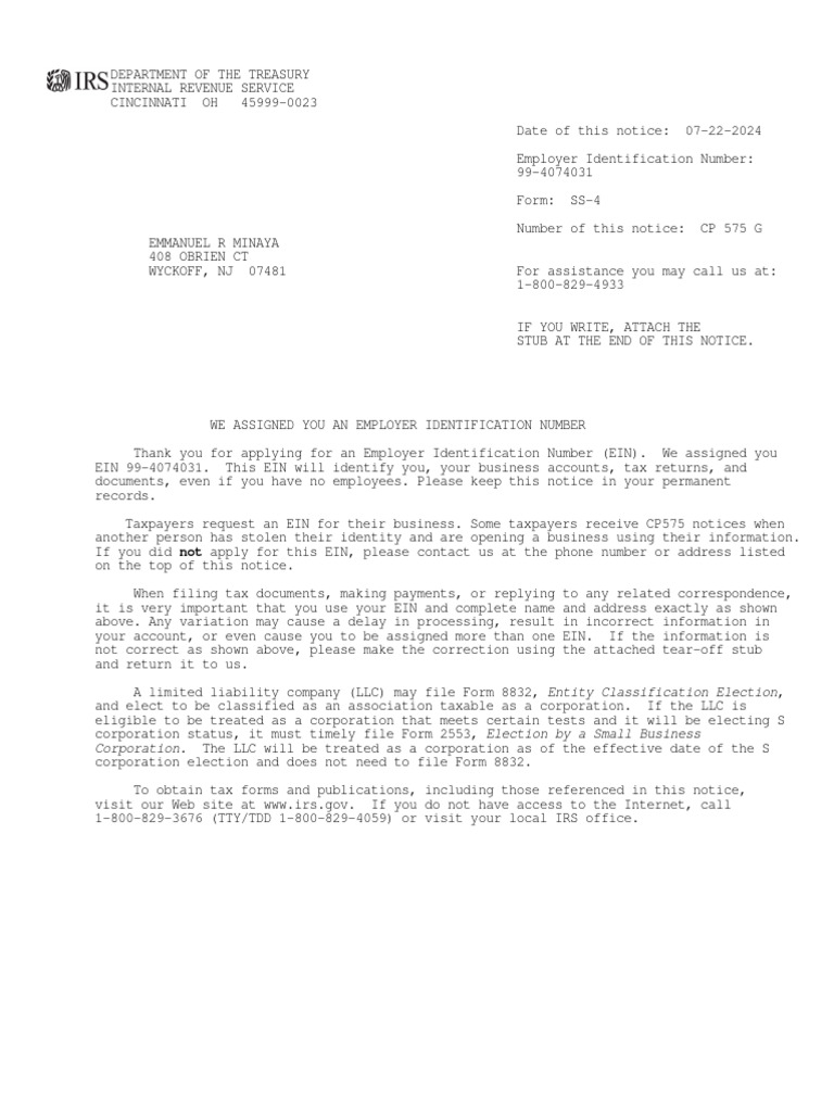 IRS Employer Identification Number Notice | PDF | Irs Tax Forms ...