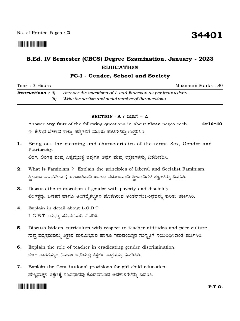 B Ed 4 Sem Gender School and Society 34401 Jan 2023 | PDF | Gender ...