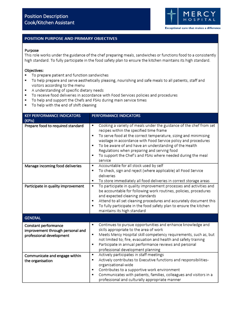 Cook - Kitchen Assistant PD 2022 | PDF | Occupational Safety And Health ...