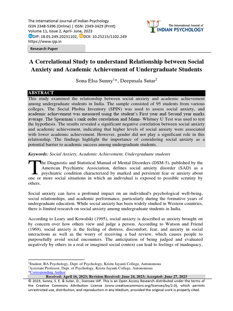 A Correlational Study To Understand Relationship Between Social Anxiety ...