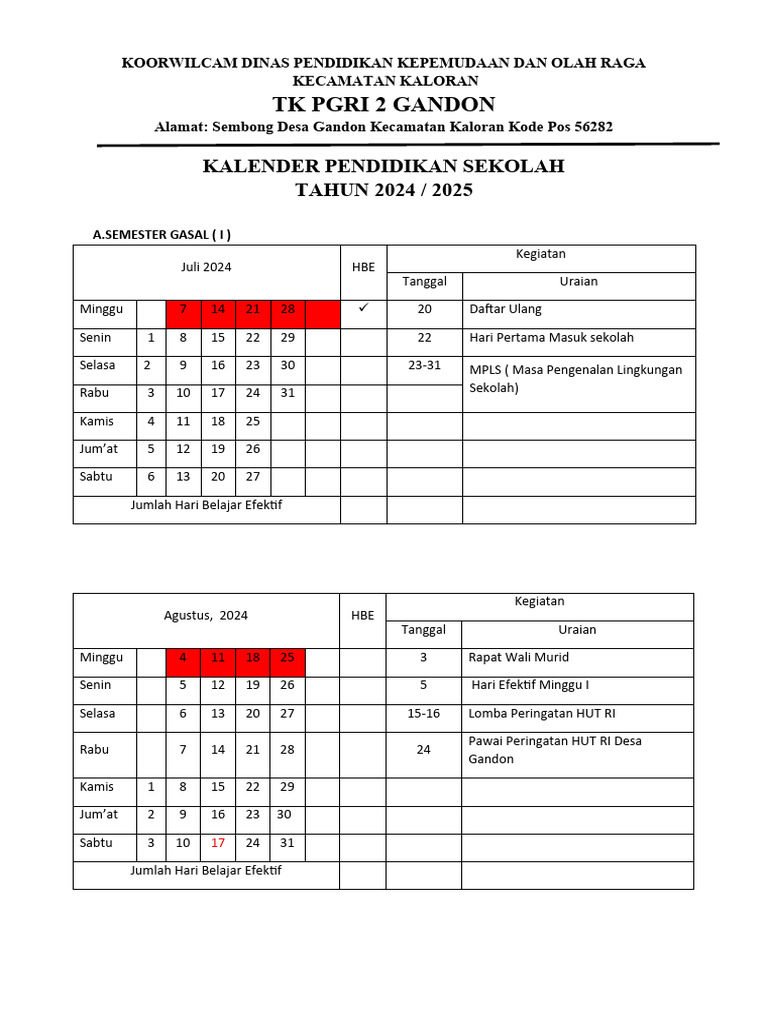 KALENDER SEKOLAH TK PGRI 2 Gandon 2024.2025 | PDF