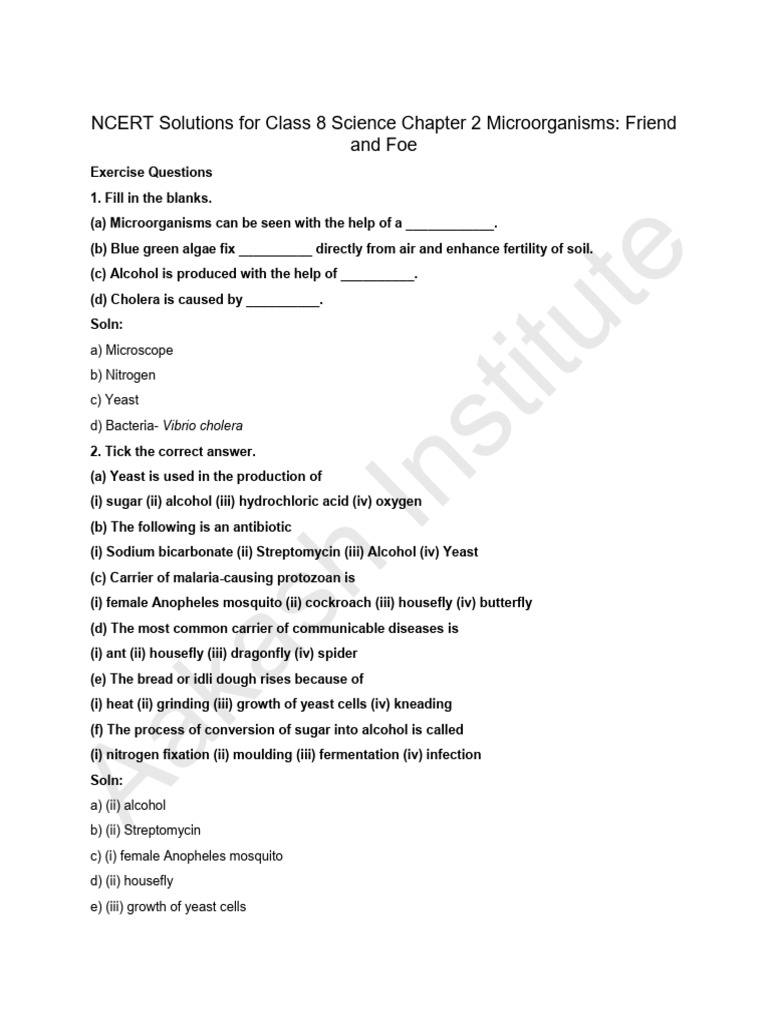 NCERT Solutions For Class 8 Science Chapter 2 Microorganisms | PDF ...