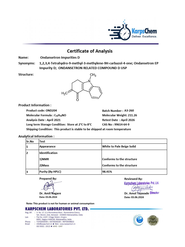 Ondensetron Impurity D Coa | PDF | Applied And Interdisciplinary ...