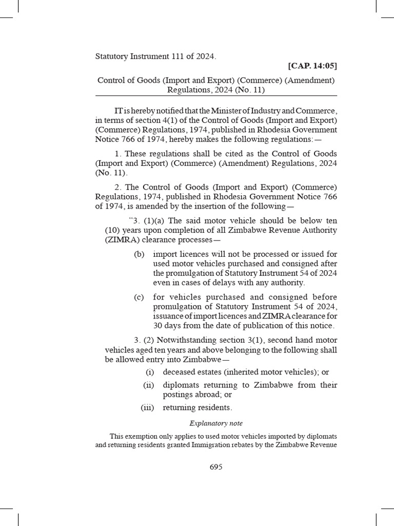 S. I. 111 of 2024 Control of Goods Import Expoprt Nom | PDF | Zimbabwe ...