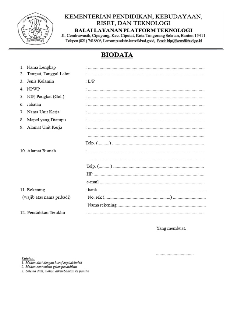 Biodata Lengkap untuk Pendaftaran | PDF