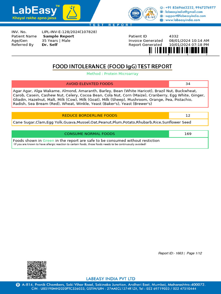 Food Intolerance Test Results Summary | PDF | Foods
