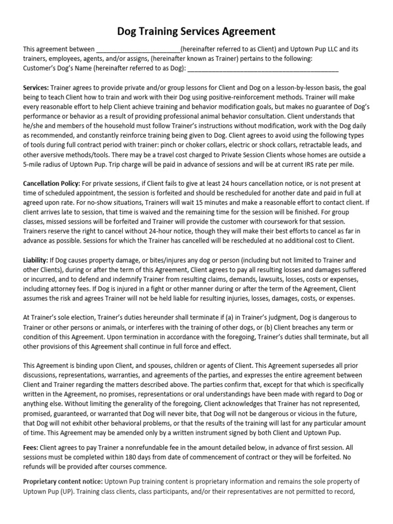 Dog Training Services Agreement | PDF | Dog Training | Legal Liability