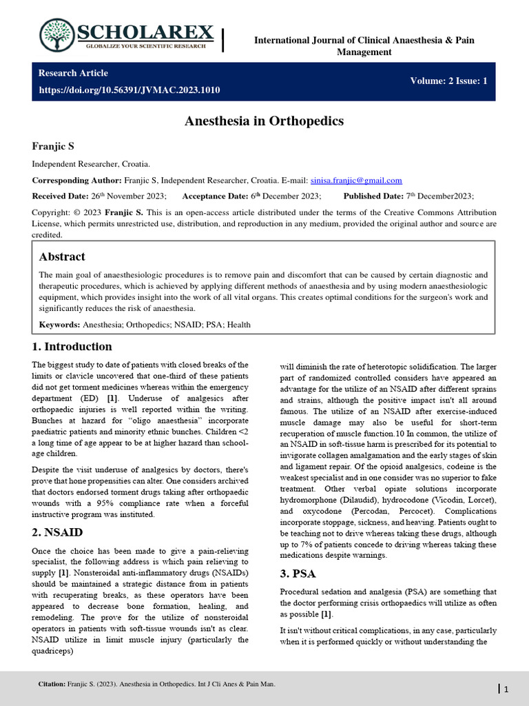 Anesthesia Practices in Orthopedic Surgery | PDF | Anesthesia ...