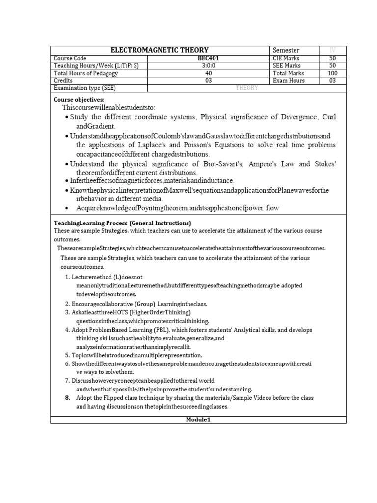 BEC401 Electromagnetic Theory Syllabus | PDF | Magnetic Field | Maxwell ...