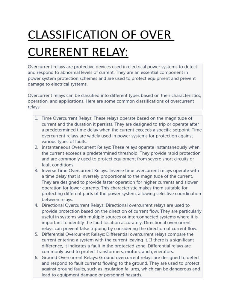 Classification of Over Curerent Relay | PDF | Relay | Power (Physics)