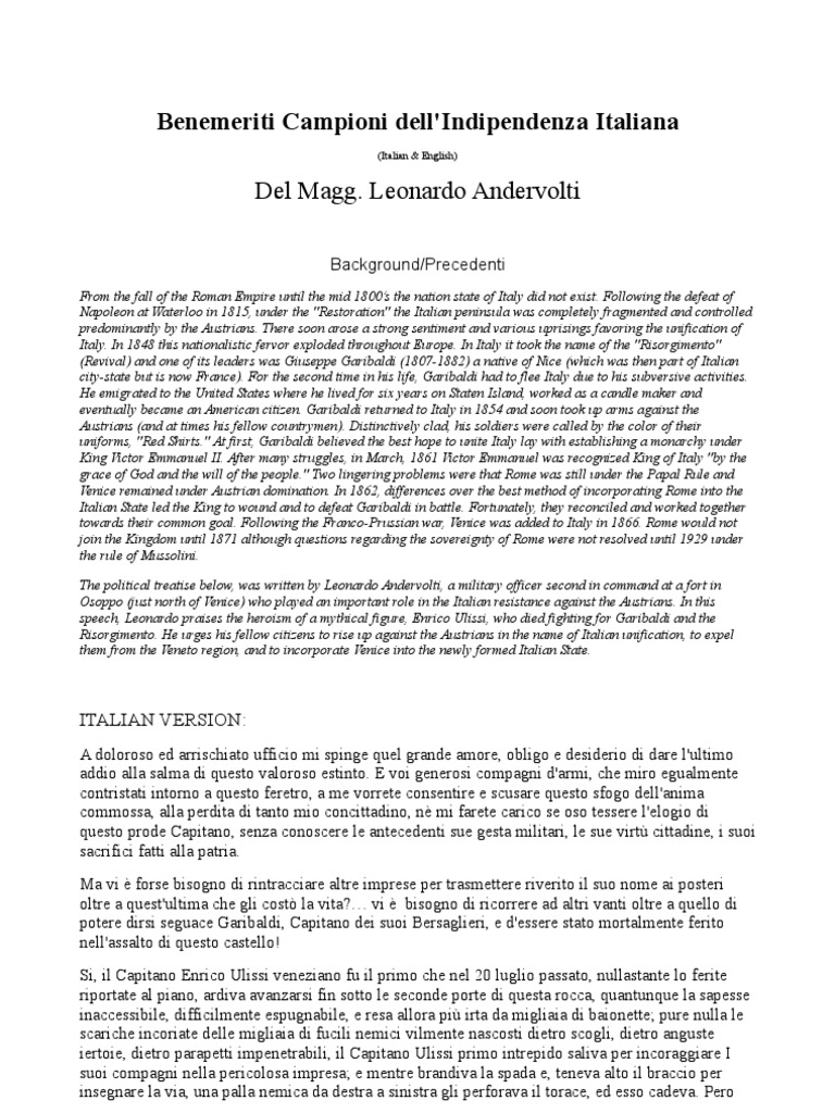 Benemeriti Campioni Dell'indipendenza Italiana Del Magg. Leonardo
