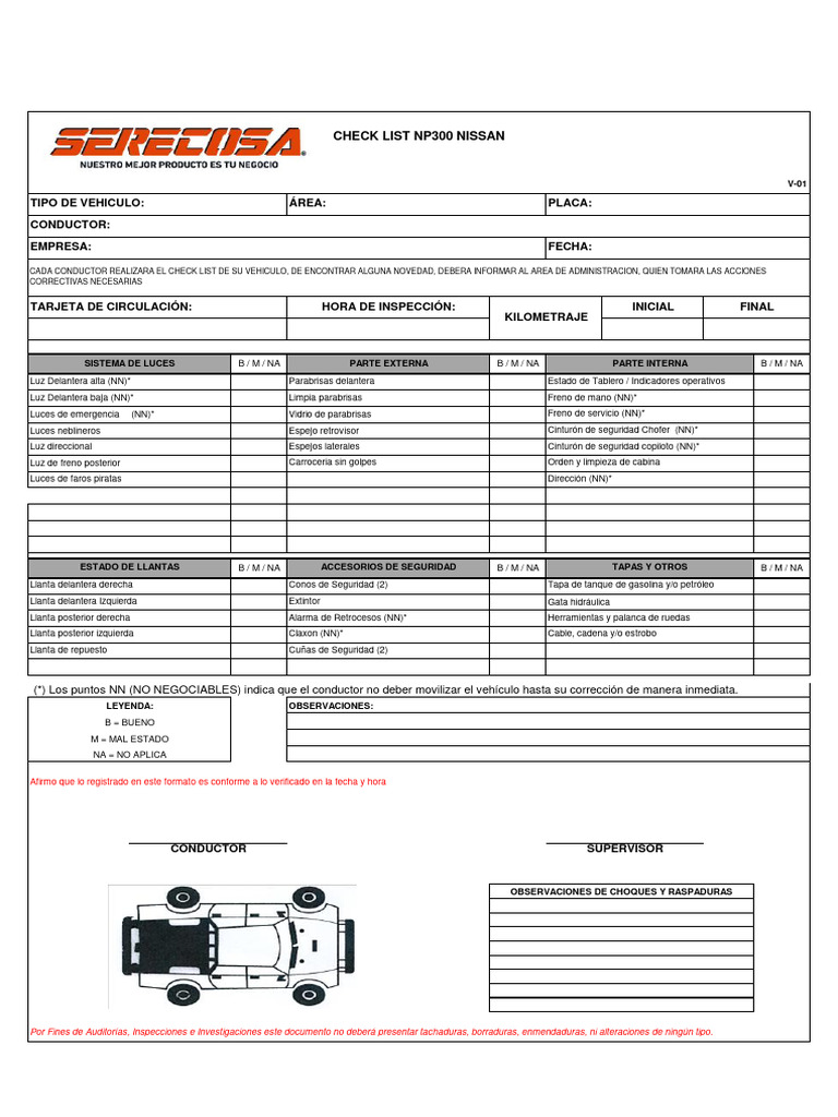 Checklist de Inspección Nissan NP300 | PDF | Vehículos | Vehículo de motor
